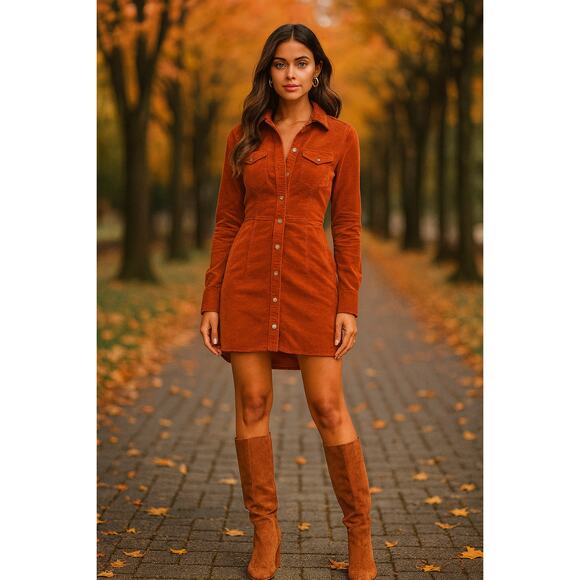 Free People SZ S Dynomite In Cord Mini Dress In Burnt Orange $128 - Picture 1 of 7
